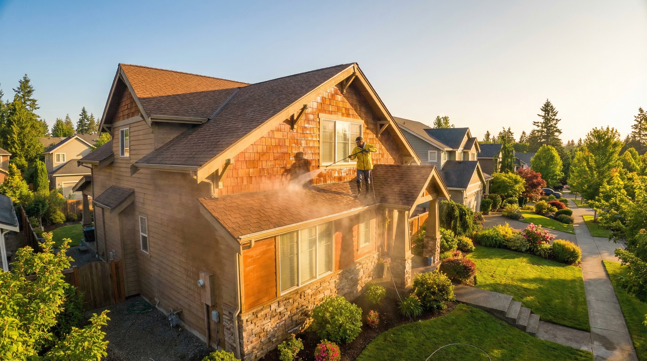 Professional home service provider at work during golden hour
