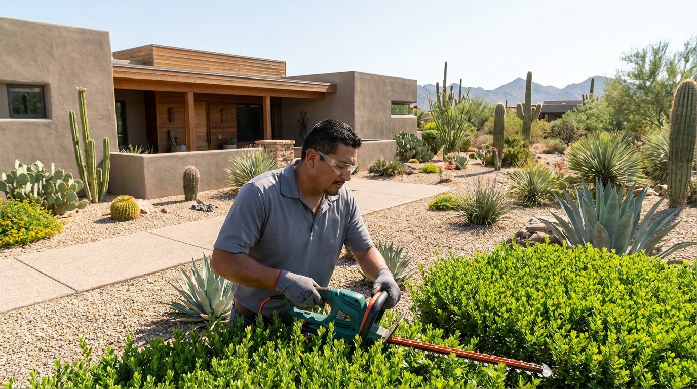 Professional landscaper maintaining a beautiful residential yard