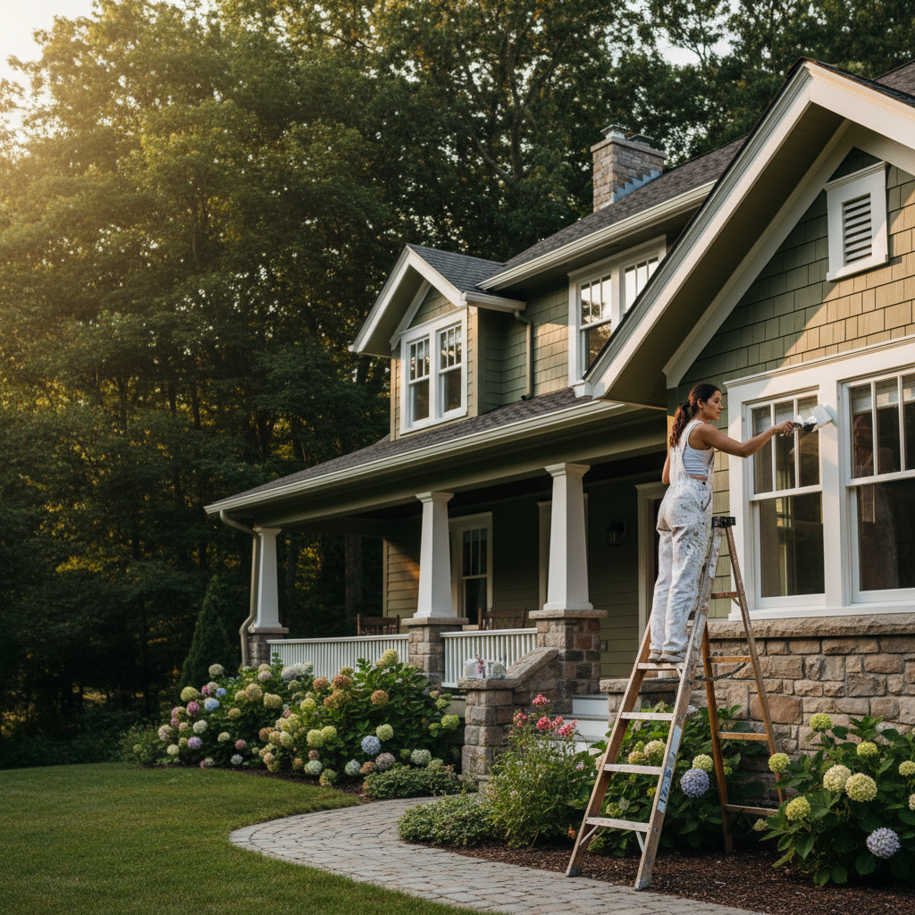 Professional painter working on a home exterior